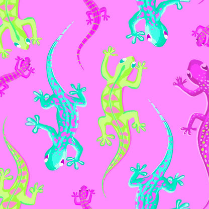 Colorful hi vis gecko pattern on a pink background