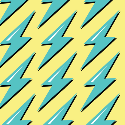 Lightning print featuring colourful green and yellow lightning bolts. 