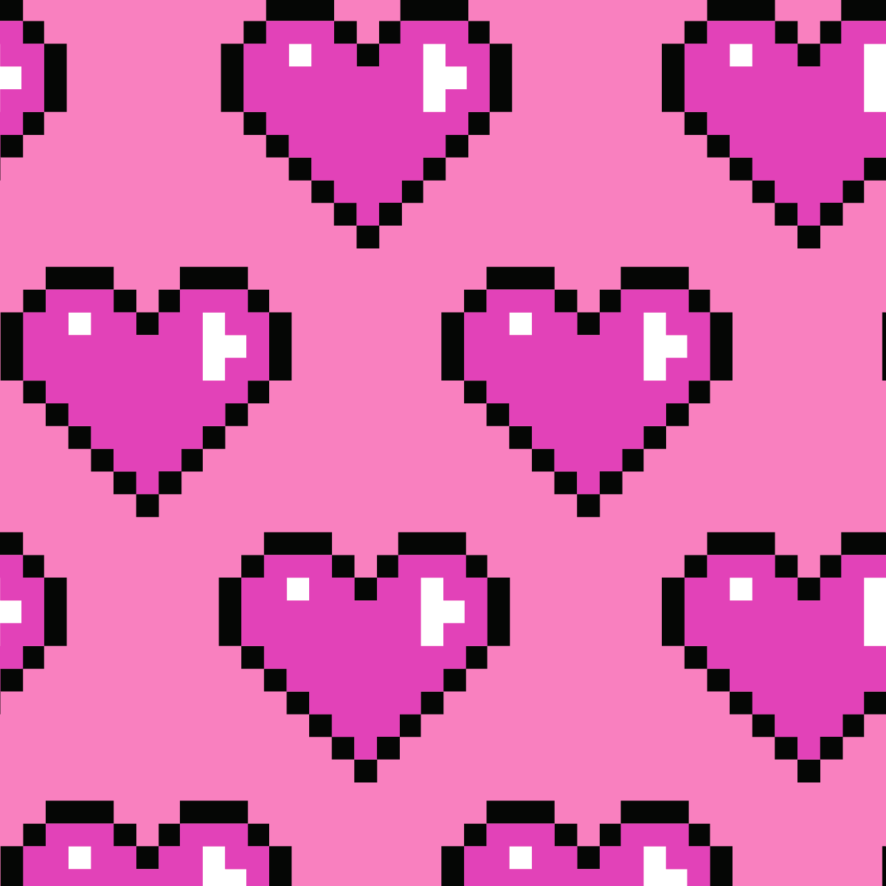 Honeysuckle Love At First Byte print featuring pink pixelated hearts with white centres on a pink background.