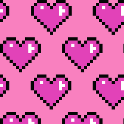 Honeysuckle Love At First Byte print featuring pink pixelated hearts with white centres on a pink background.